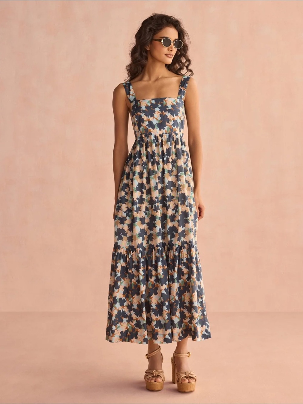 Leena Square-Neck Floral Midi Dress in Emilia inkwell